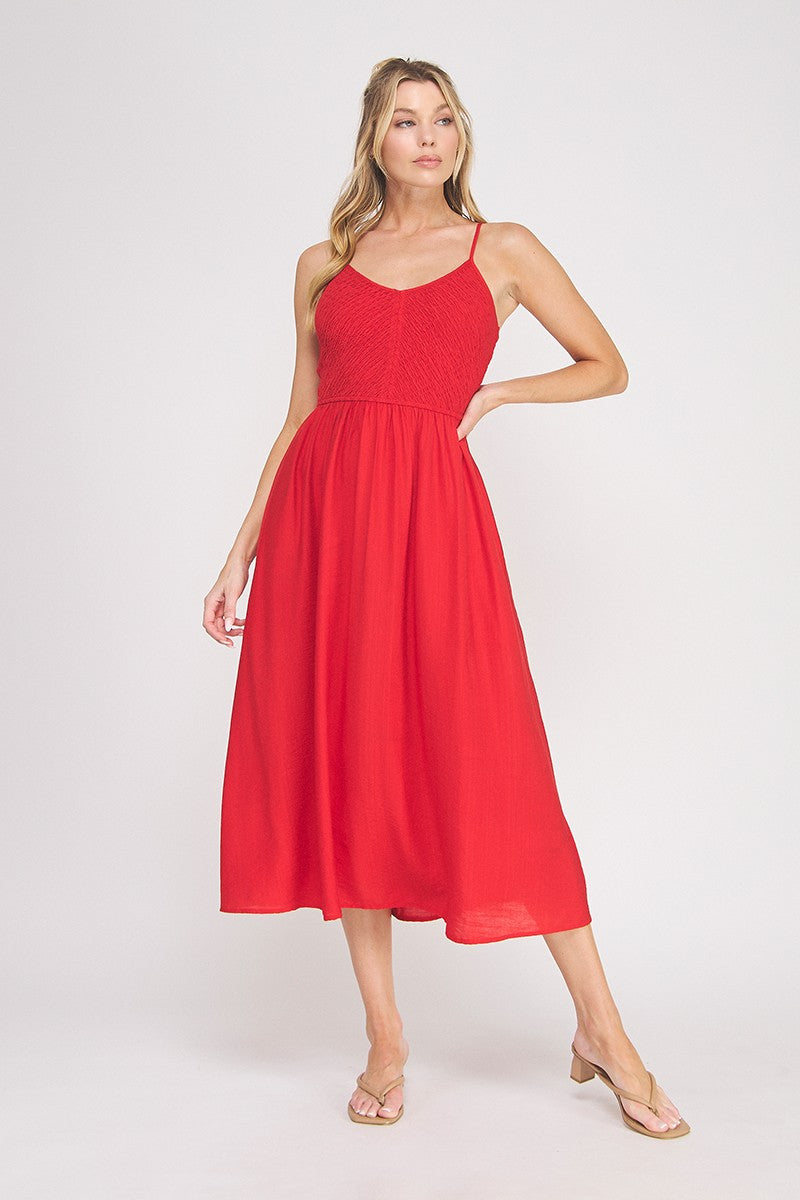 red flowy midi dress Boardwalk Chic Ric-Rac Midi Dress in Red