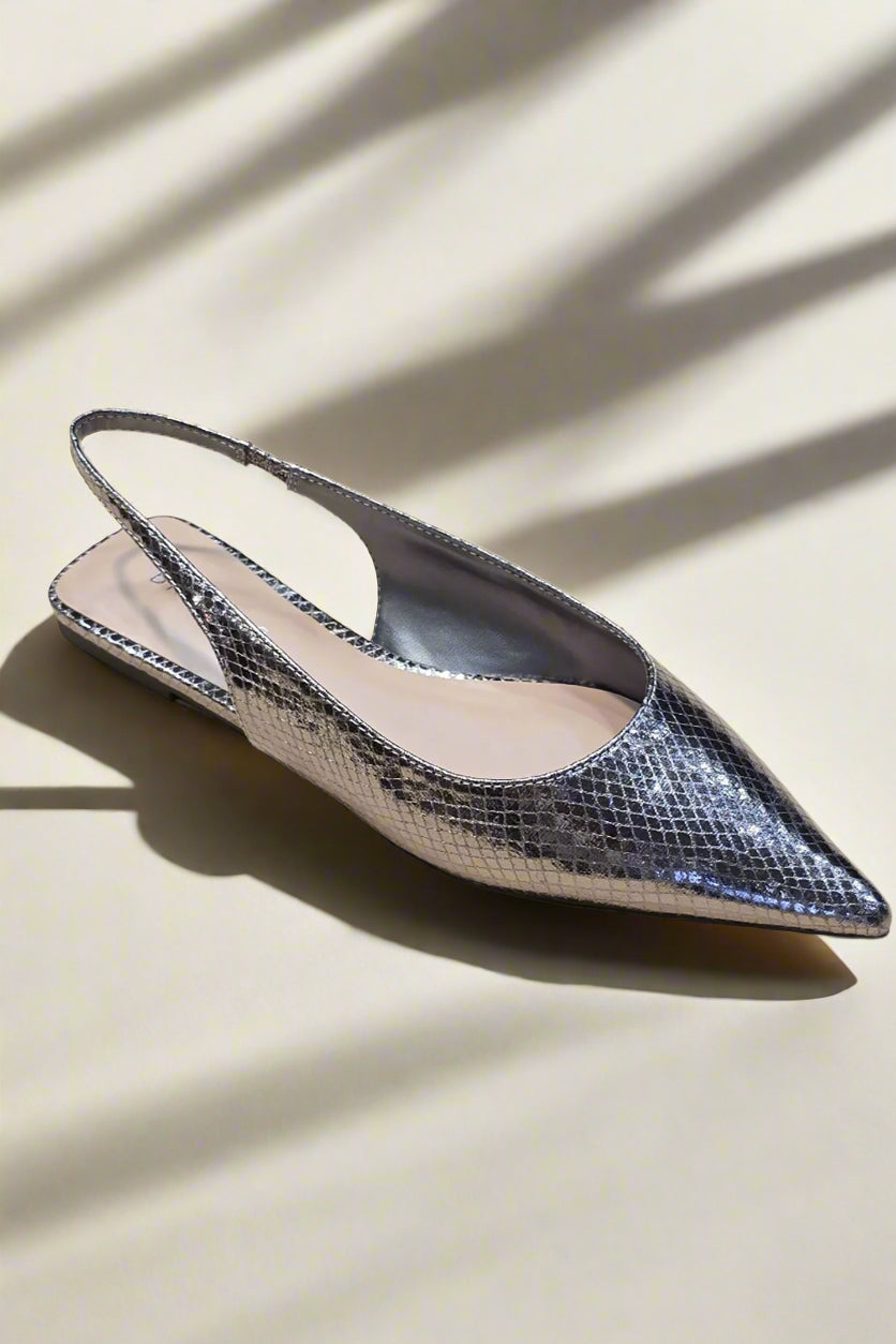 Pointed Toe Slingback Flats-Pewter Snake Erma Jean
