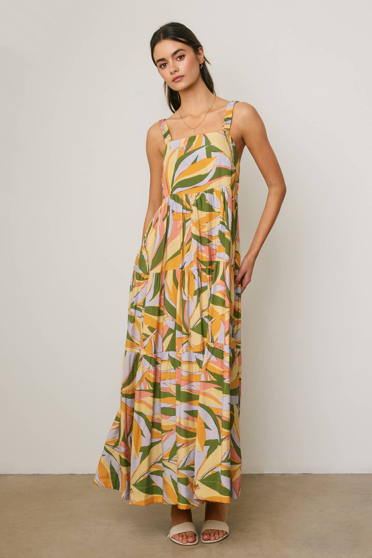 Palm Tiered Maxi Dress-Olive Coral Flowy | Women's Dresses - Erma Jean
