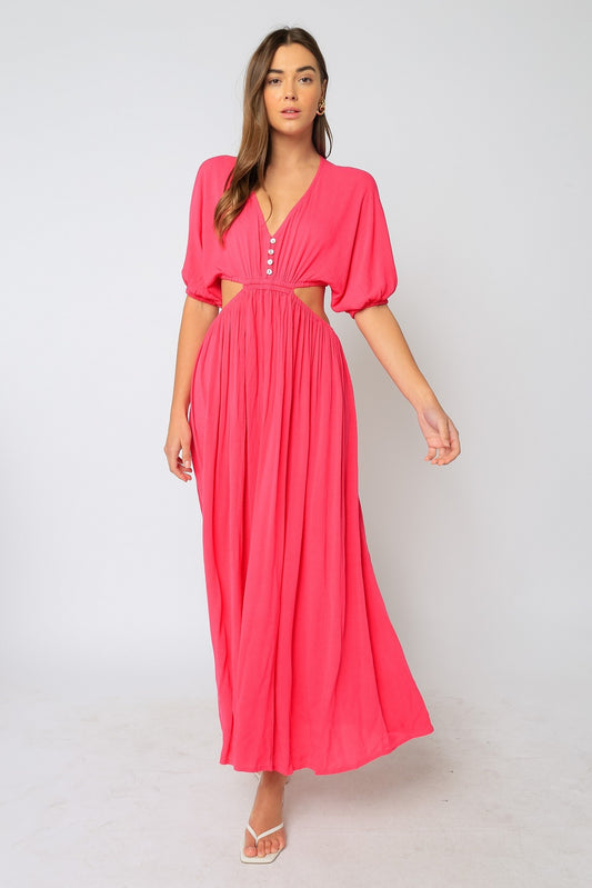 Cut Out Maxi Dress with Bubble Sleeves-Hot Pink