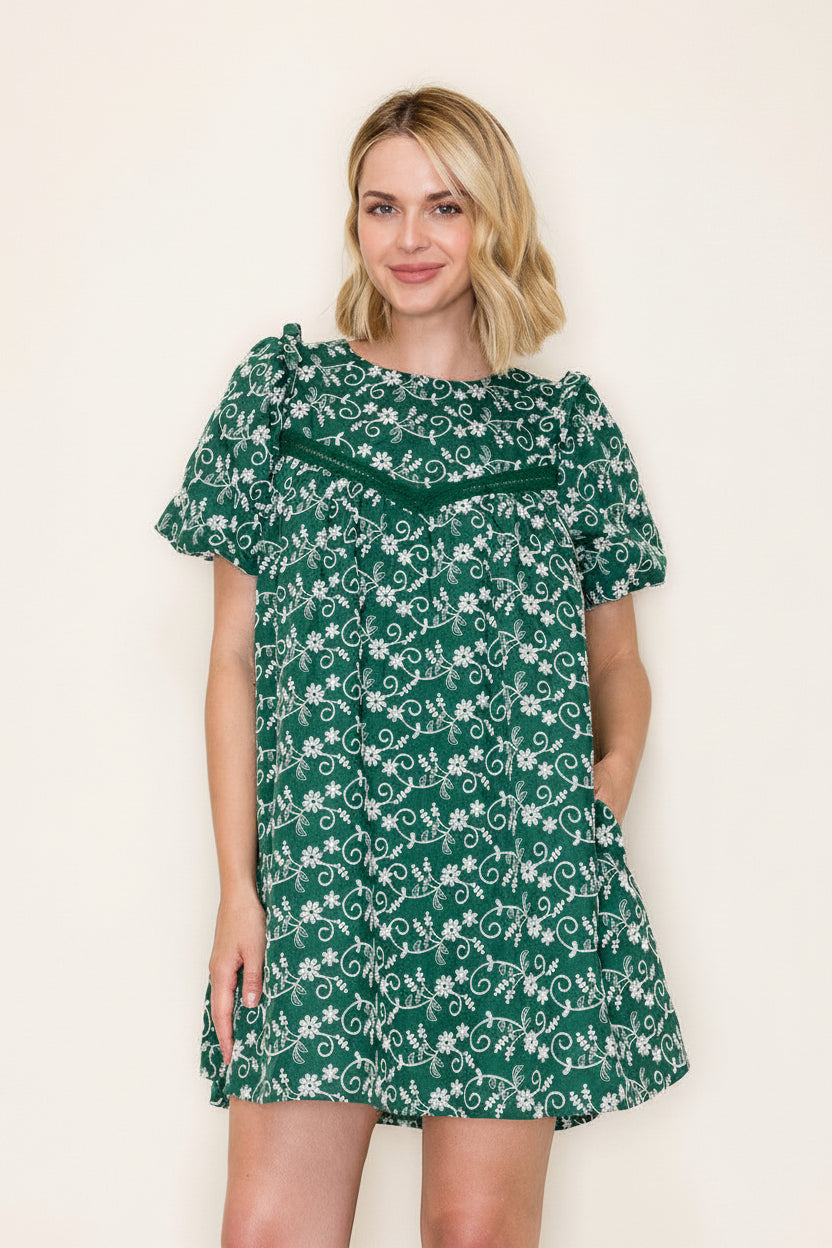 hunter green mini dress Women's Emerald Eyes Sequin in 95% Polyester 5% Spandex Lining Embroidered Babydoll Mini Dress-Hunter Green
