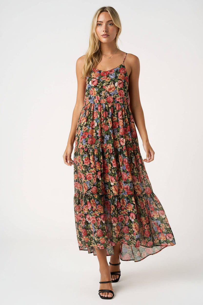 Floral Tiered Maxi Dress-Black Red Chiffon | Women's Dresses