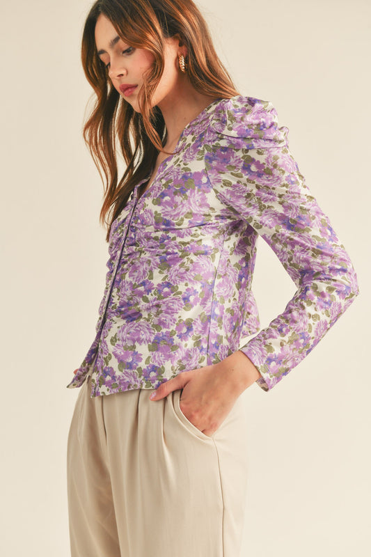 Floral Ruched Button Down Top-Purple