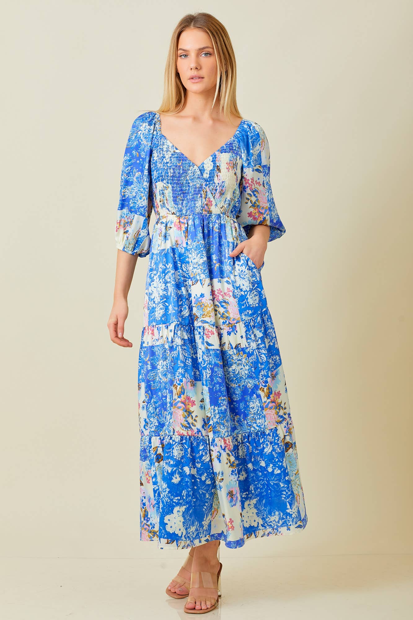 Patchwork Print Smocked Maxi Dress-Blue Multi | Women's Dresses