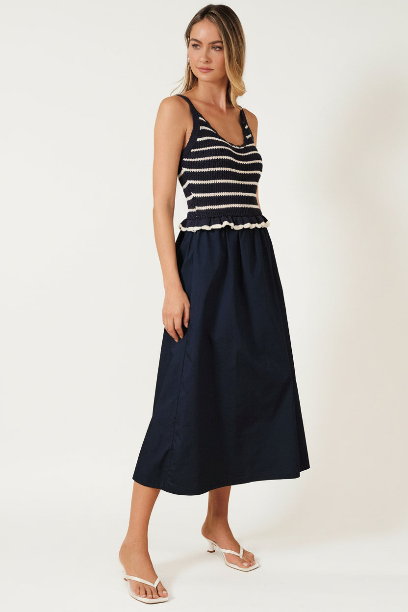 Crochet Striped Bodice Poplin Skirt Midi Dress-Navy White Flowy | Women's Dresses