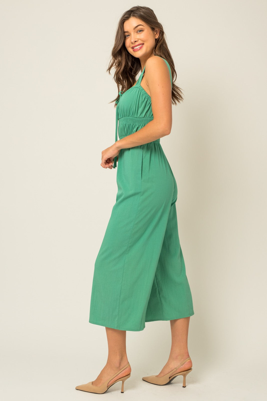 Sleeveless Smocked Waist Jumpsuit-Emerald Green