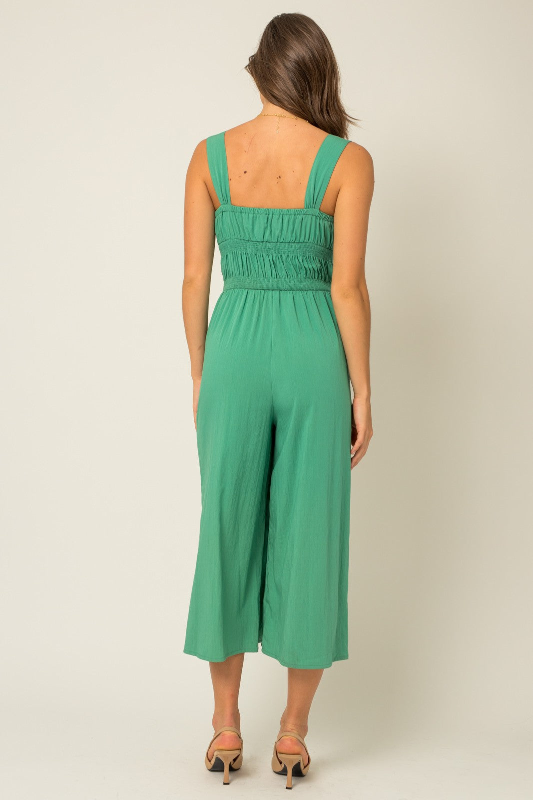 Sleeveless Smocked Waist Jumpsuit-Emerald Green