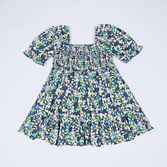 Little Girls Blue Print Smocked Adison Dress