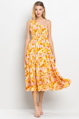 Floral One Shoulder Tiered Midi Dress-Orange