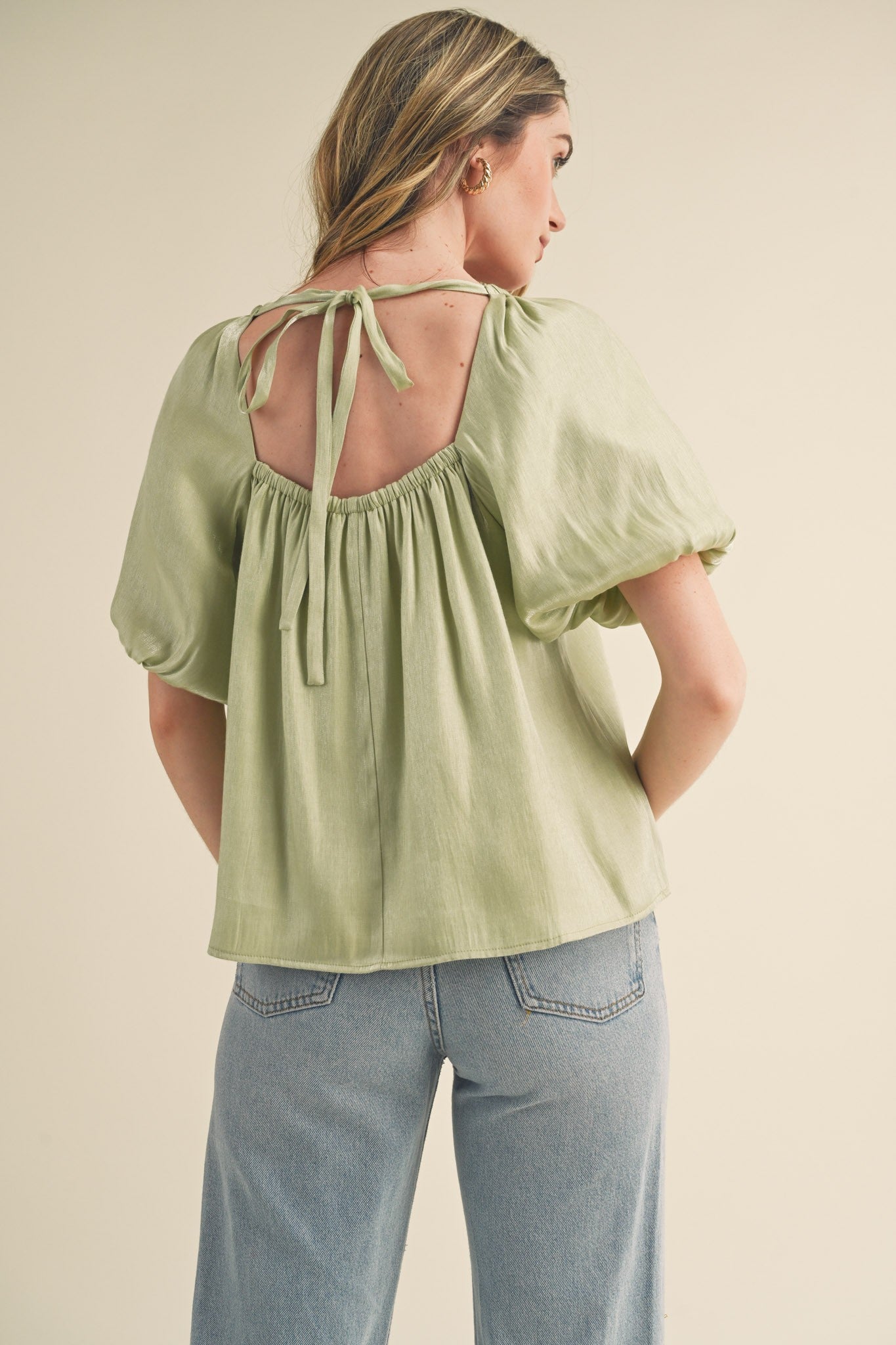 Satin Bubble Sleeve Baby Doll Top-Lime Mint