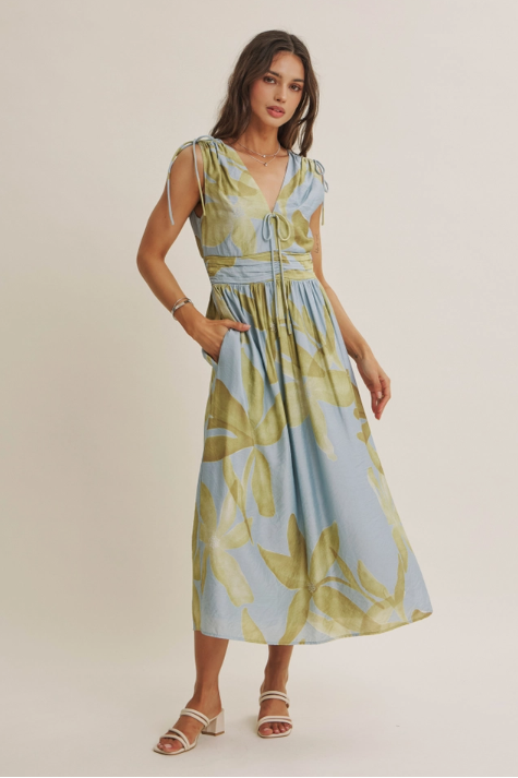 Shoulder Cutout Floral Midi Dress-Powder Blue Lt Olive Flowy | Women's Dresses