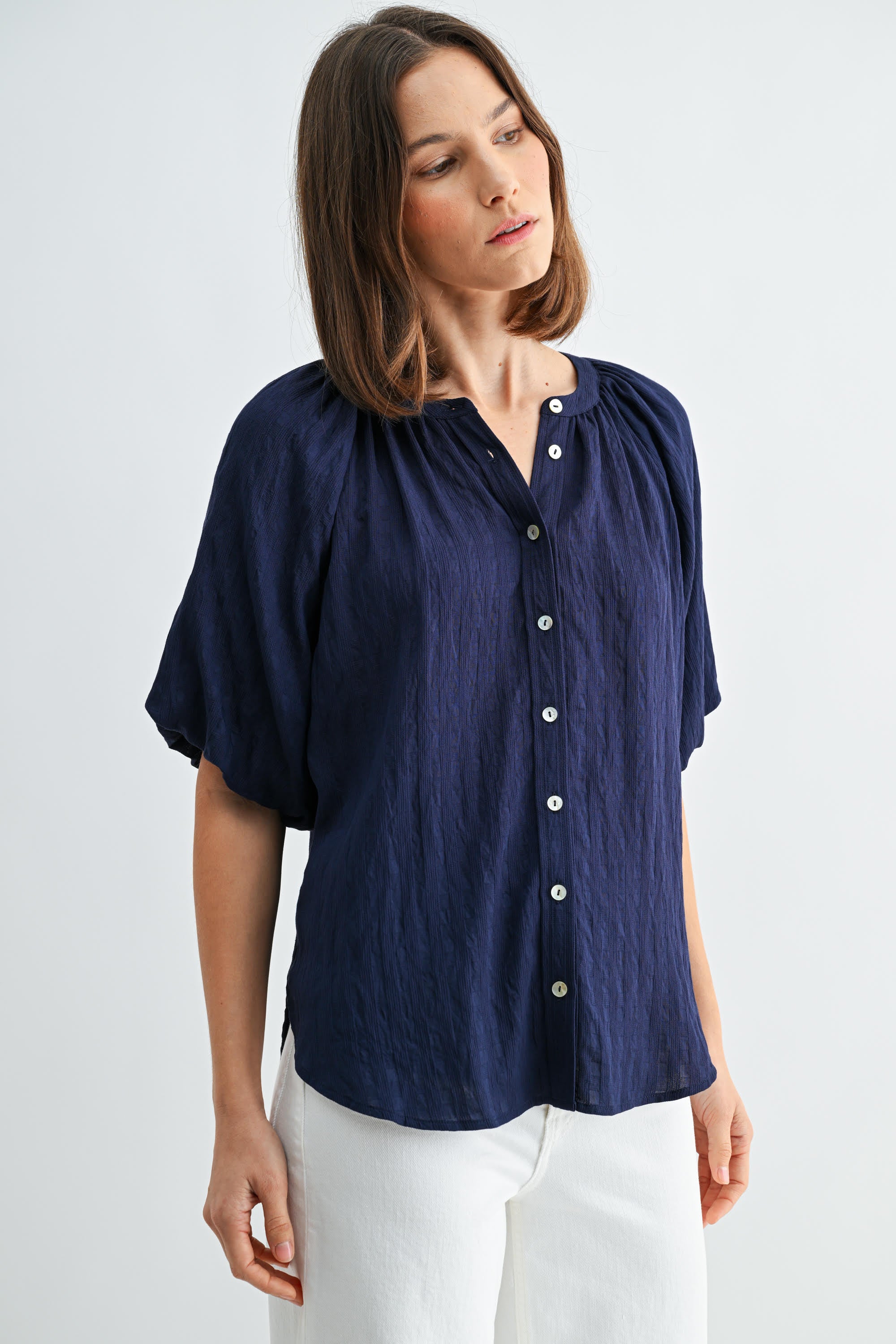 Texture Balloon Sleeve Blouse-Navy | Women's Tops - Erma Jean Large Texture Balloon Sleeve Blouse-Navy | Women's Tops - Erma Jean Large
