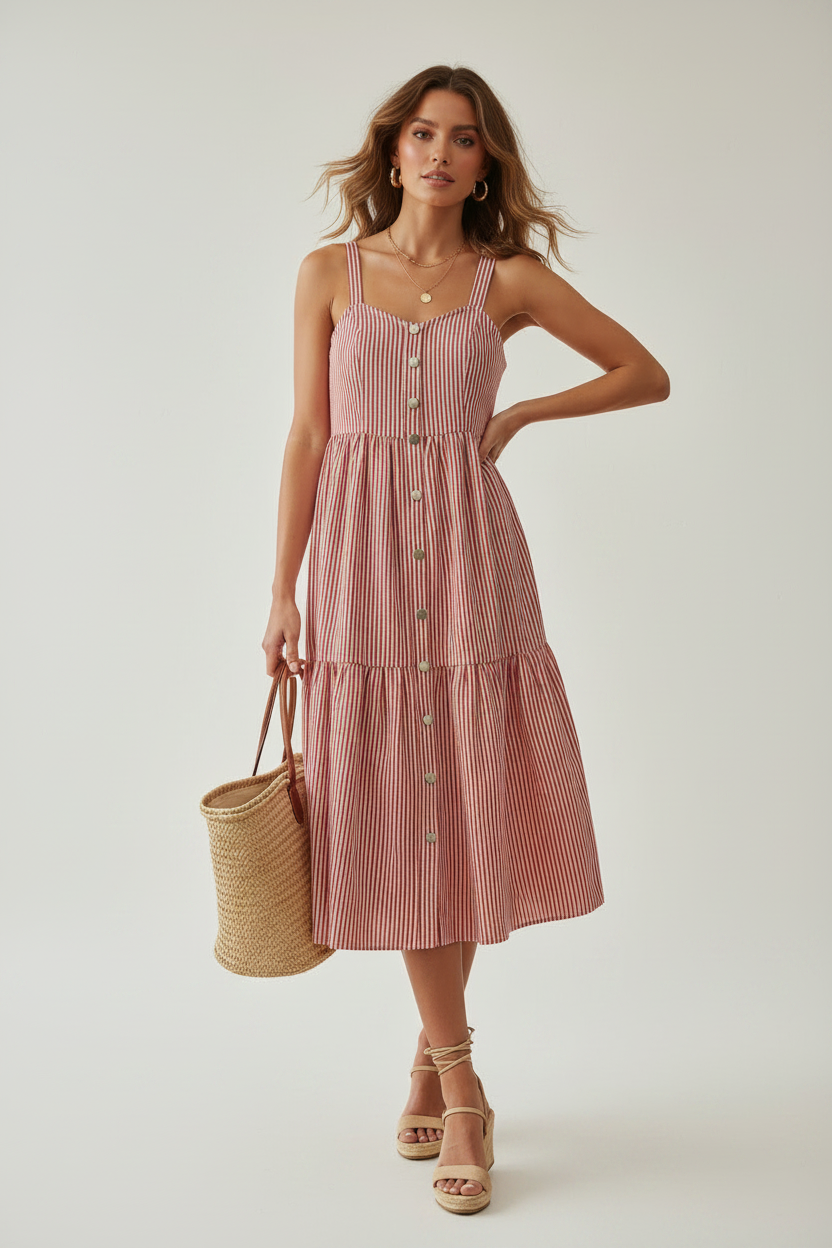 Striped Button Front Tiered Midi Dress-Red White Blend | Women's Dresses