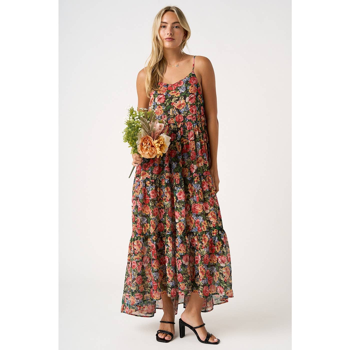 Evans Floral Tiered Maxi Dress-Black Red Chiffon