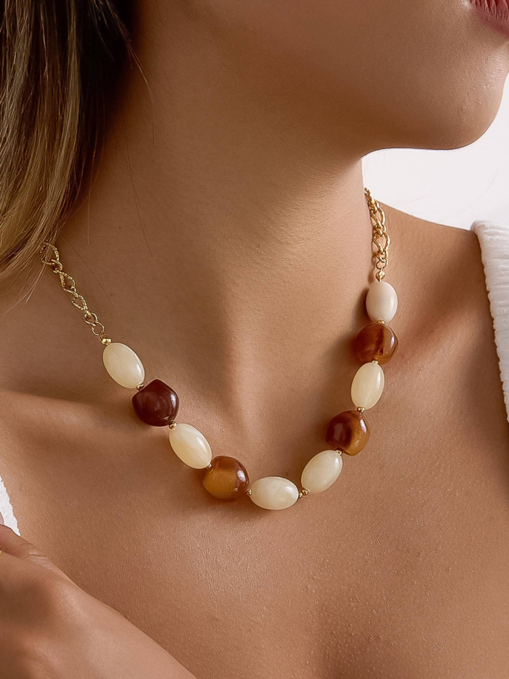 Palm Non-Tarnish Brown Beaded Chain Necklace- 18K Gold Plated