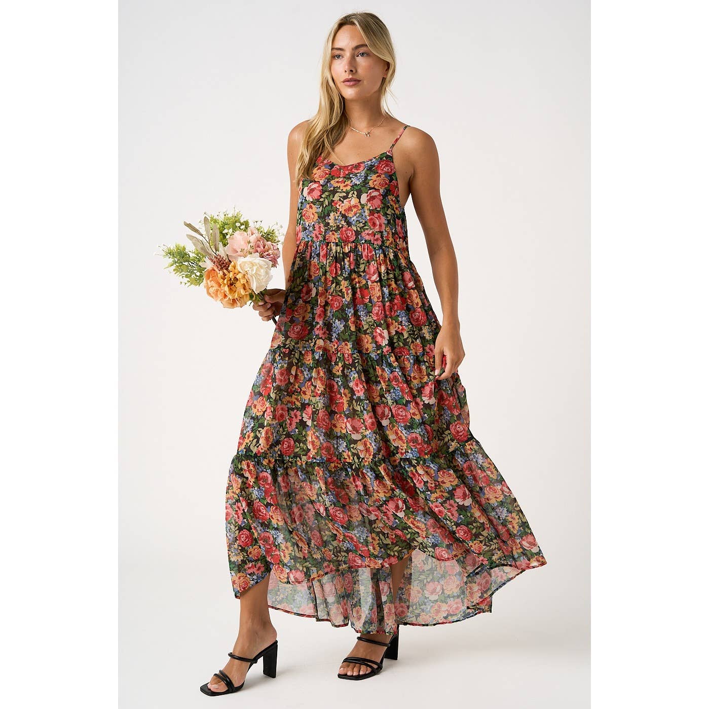 Evans Floral Tiered Maxi Dress-Black Red Chiffon