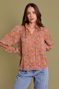 Jane Long Sleeve Ruffle Drawstring Neckline Blouse-Mocha Floral