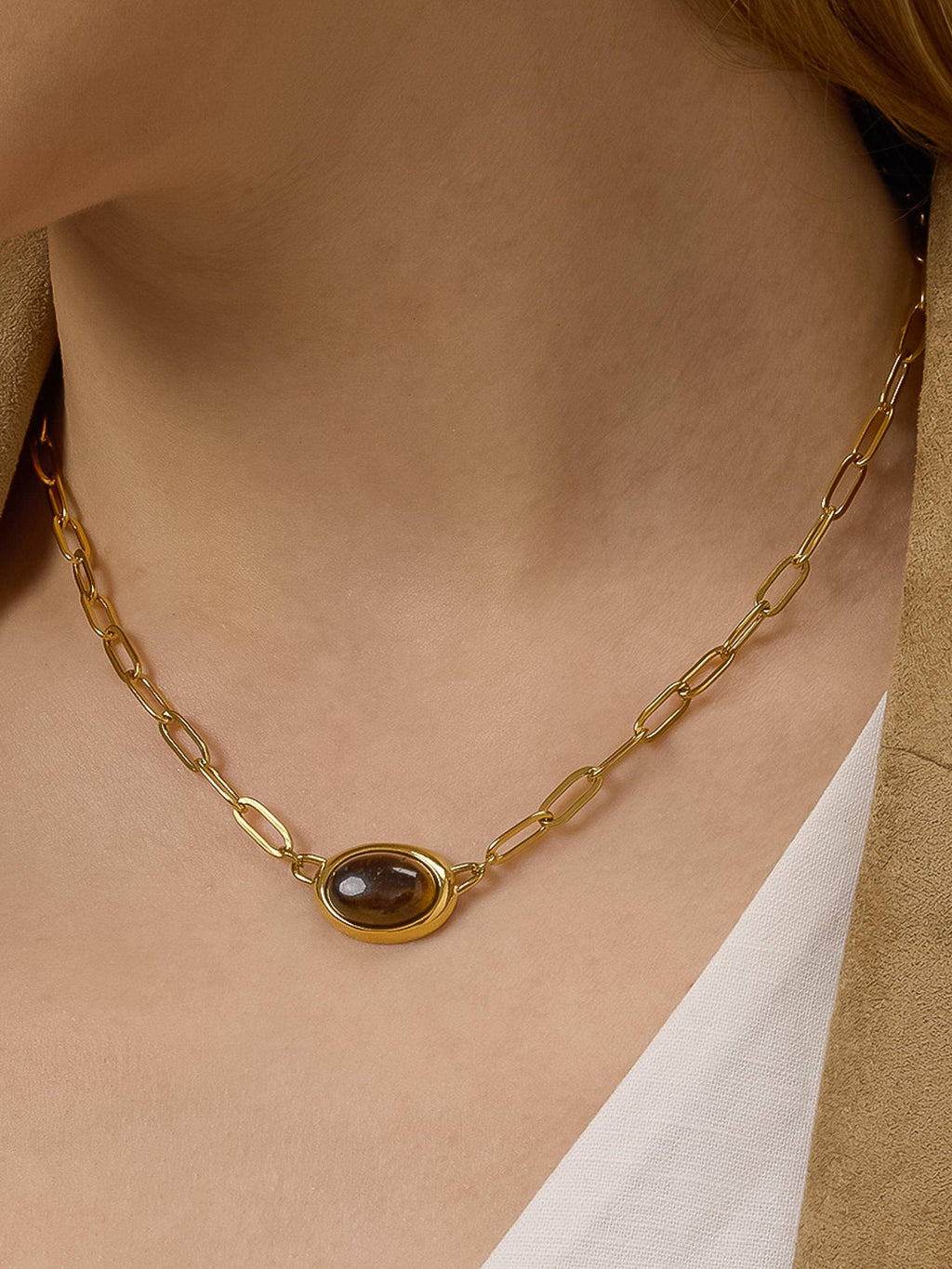 Shay Non-Tarnish Oval Stone Chain Necklace-18K Gold Plated