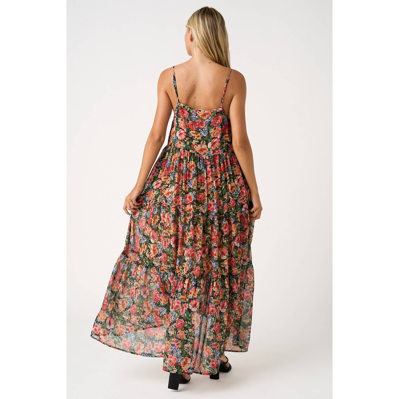 Evans Floral Tiered Maxi Dress-Black Red Chiffon