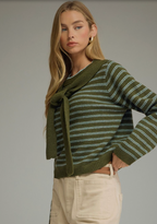 Janna Draped Shoulder Striped Sweater-Olive Blue Knit