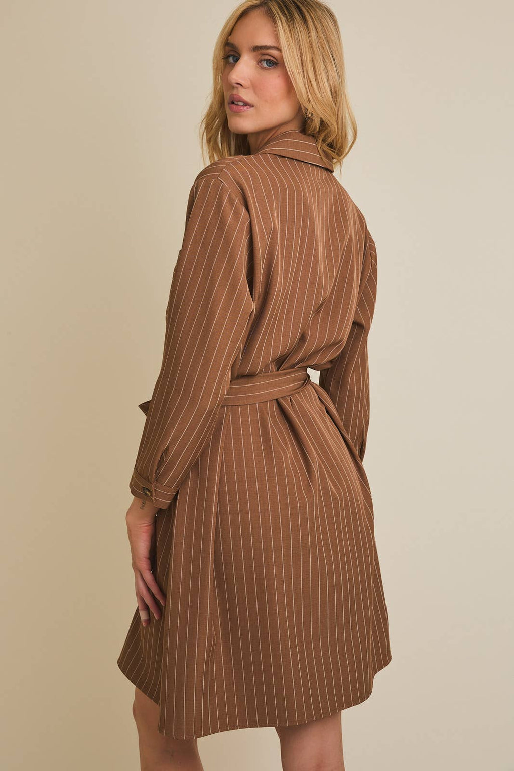 Ainsley Striped Button Dress-Brown White Flowy