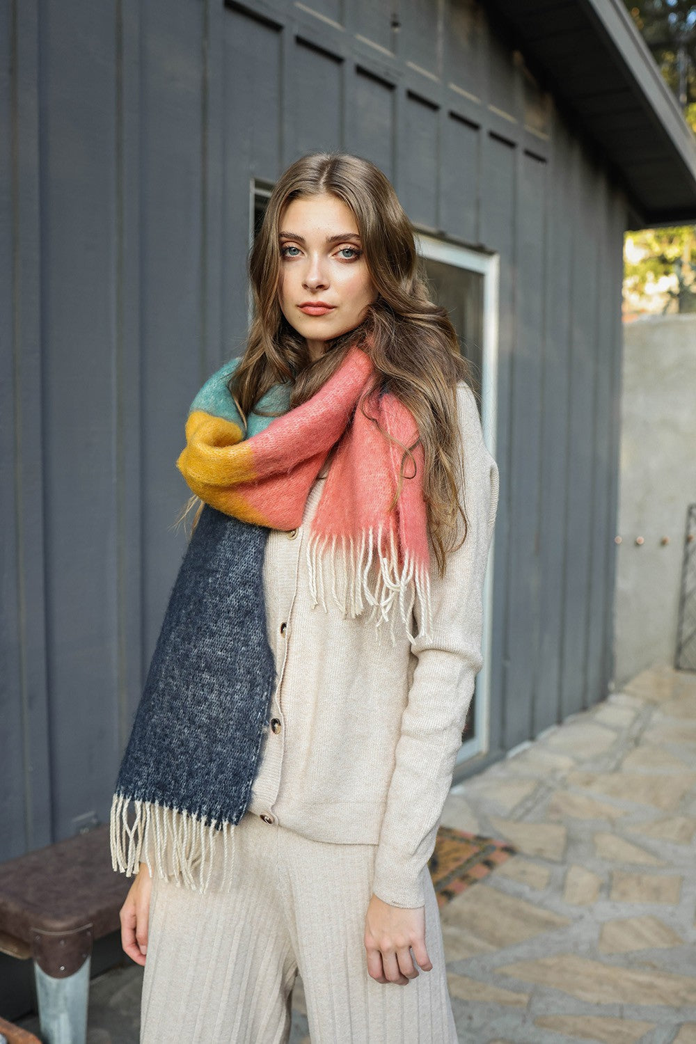 Color Block Scarf-Rose/Navy