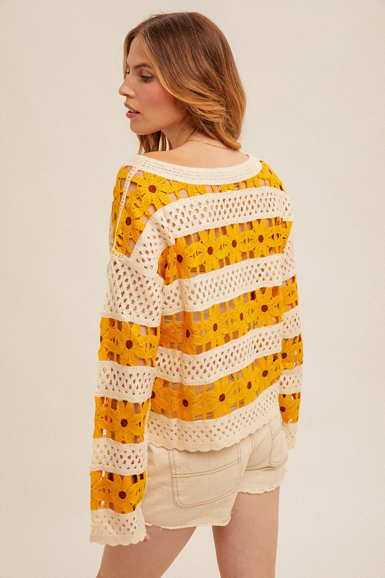 Chandler Daisy Crochet Knit Pullover Top-Mustard