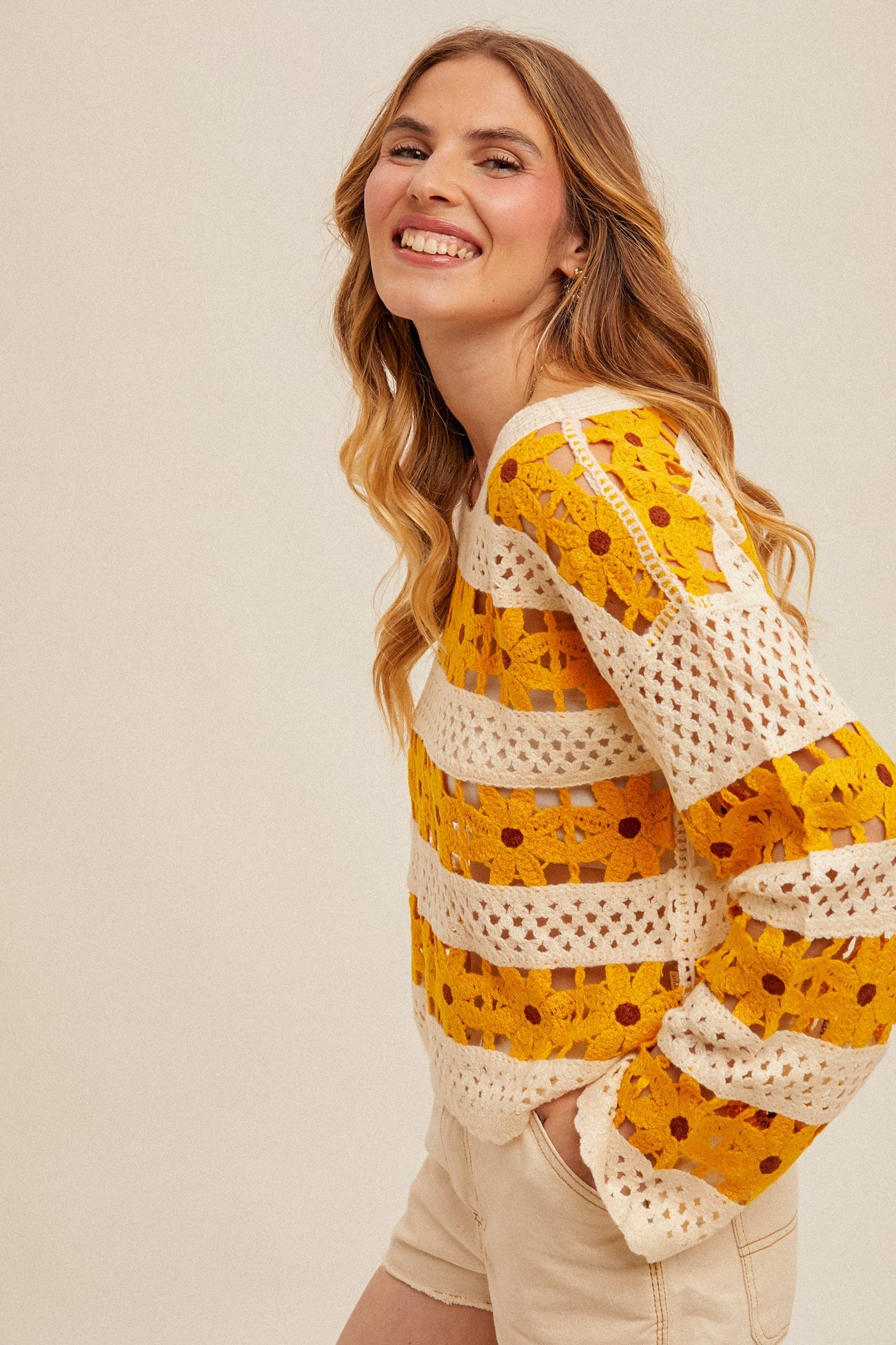 Chandler Daisy Crochet Knit Pullover Top-Mustard