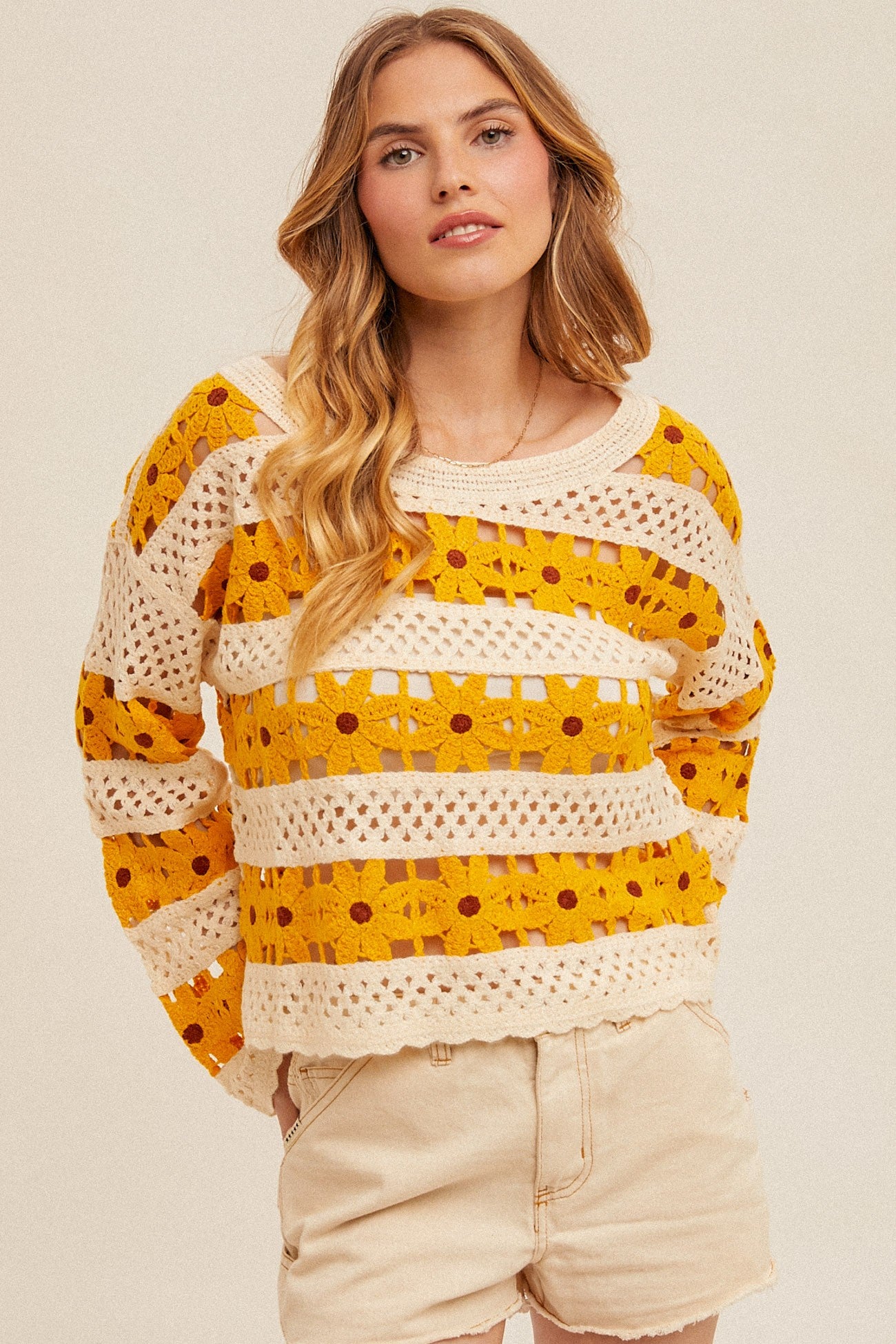 Chandler Daisy Crochet Knit Pullover Top-Mustard