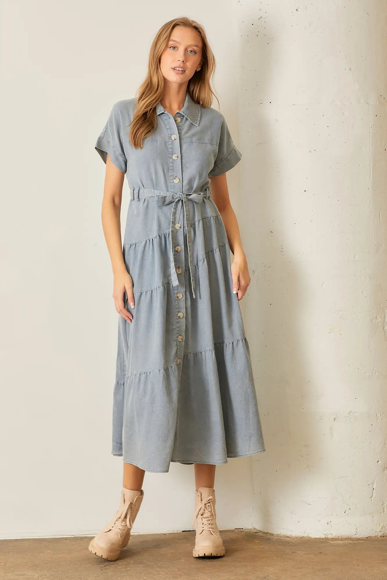 Amber Tiered Denim Midi Dress-Medium Blue