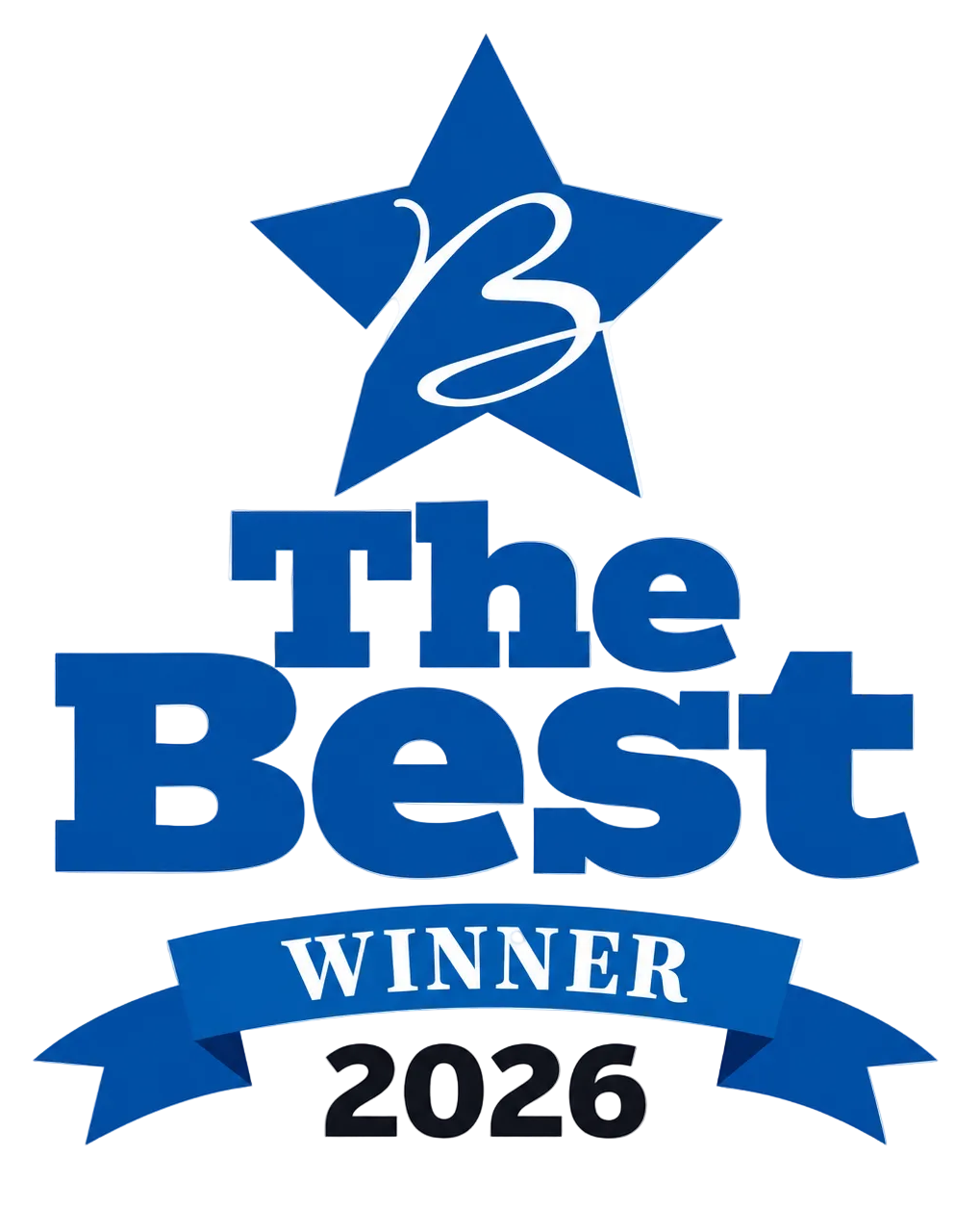 A blue award badge graphic with a star containing a stylized white letter B, large text reading 'The Best', a ribbon banner reading 'Winner', and '2026' below on a white background.