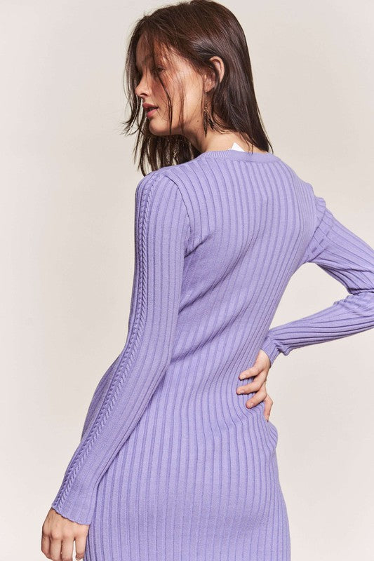 Cable Knit Long Sleeve Dress-Purple