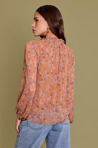 Jane Long Sleeve Ruffle Drawstring Neckline Blouse-Mocha Floral