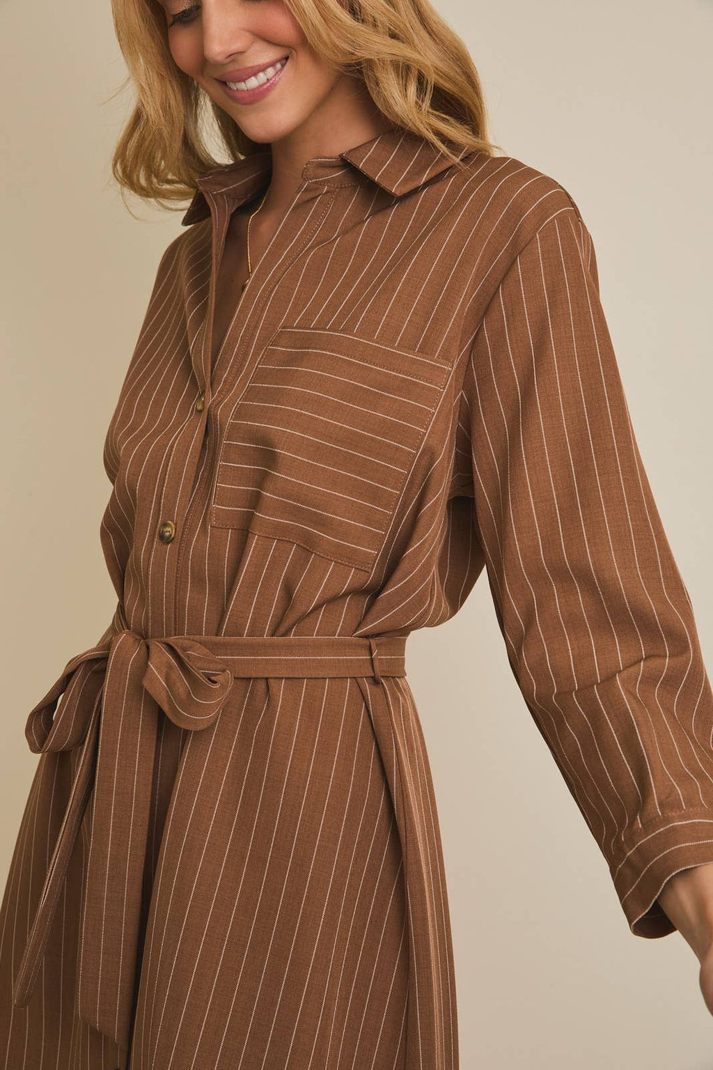 Ainsley Striped Button Dress-Brown White Flowy