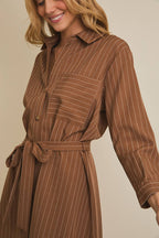 Ainsley Striped Button Dress-Brown White Flowy