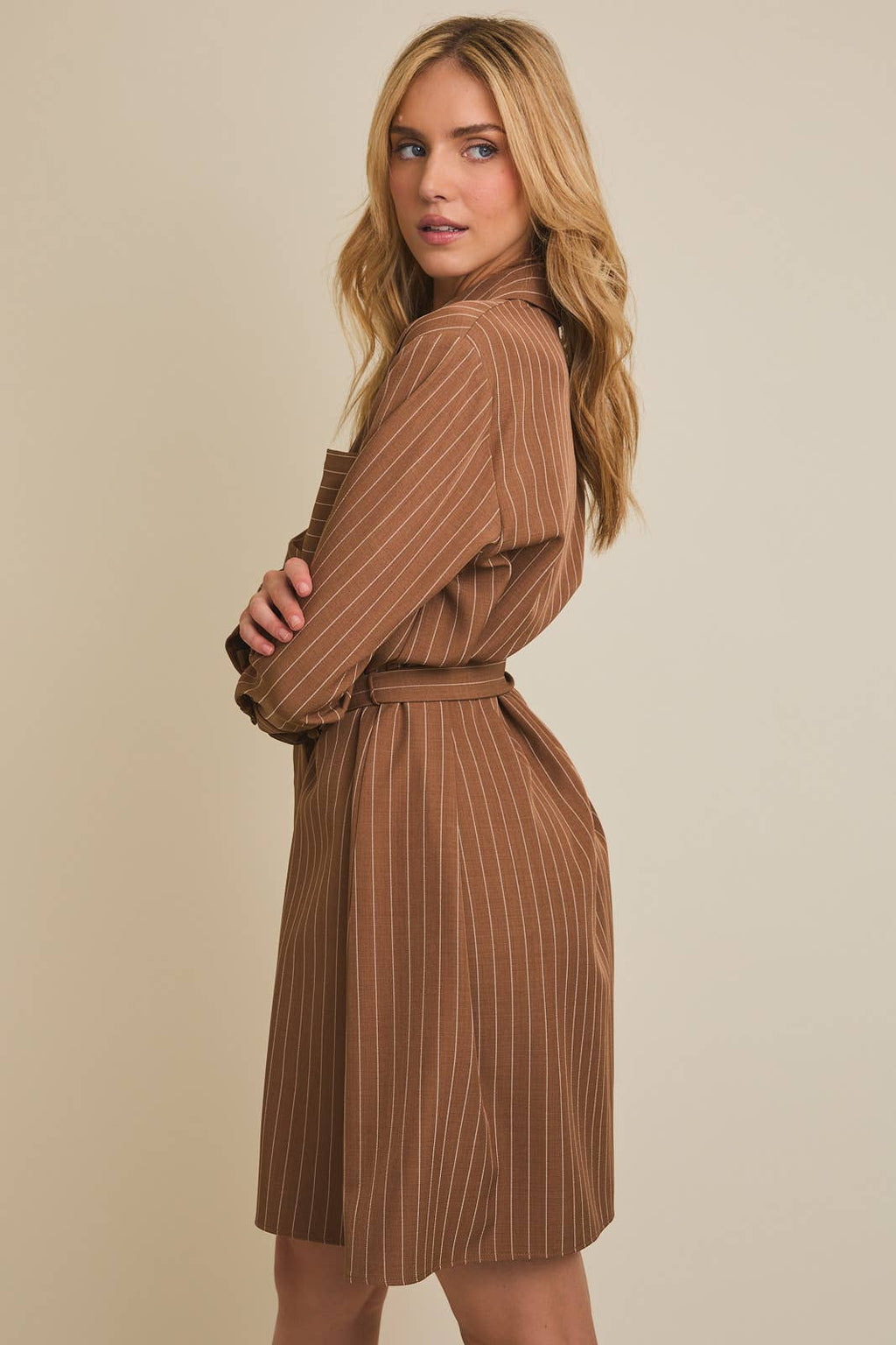 Ainsley Striped Button Dress-Brown White Flowy