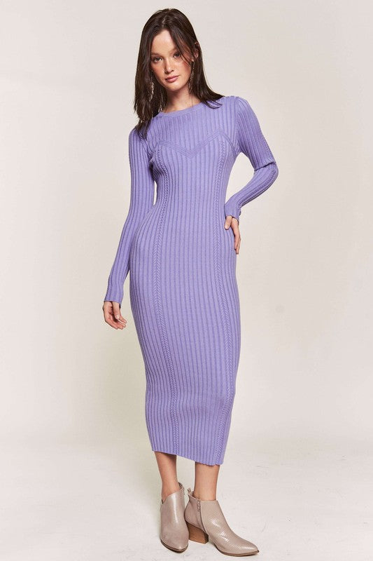 Cable Knit Long Sleeve Dress-Purple