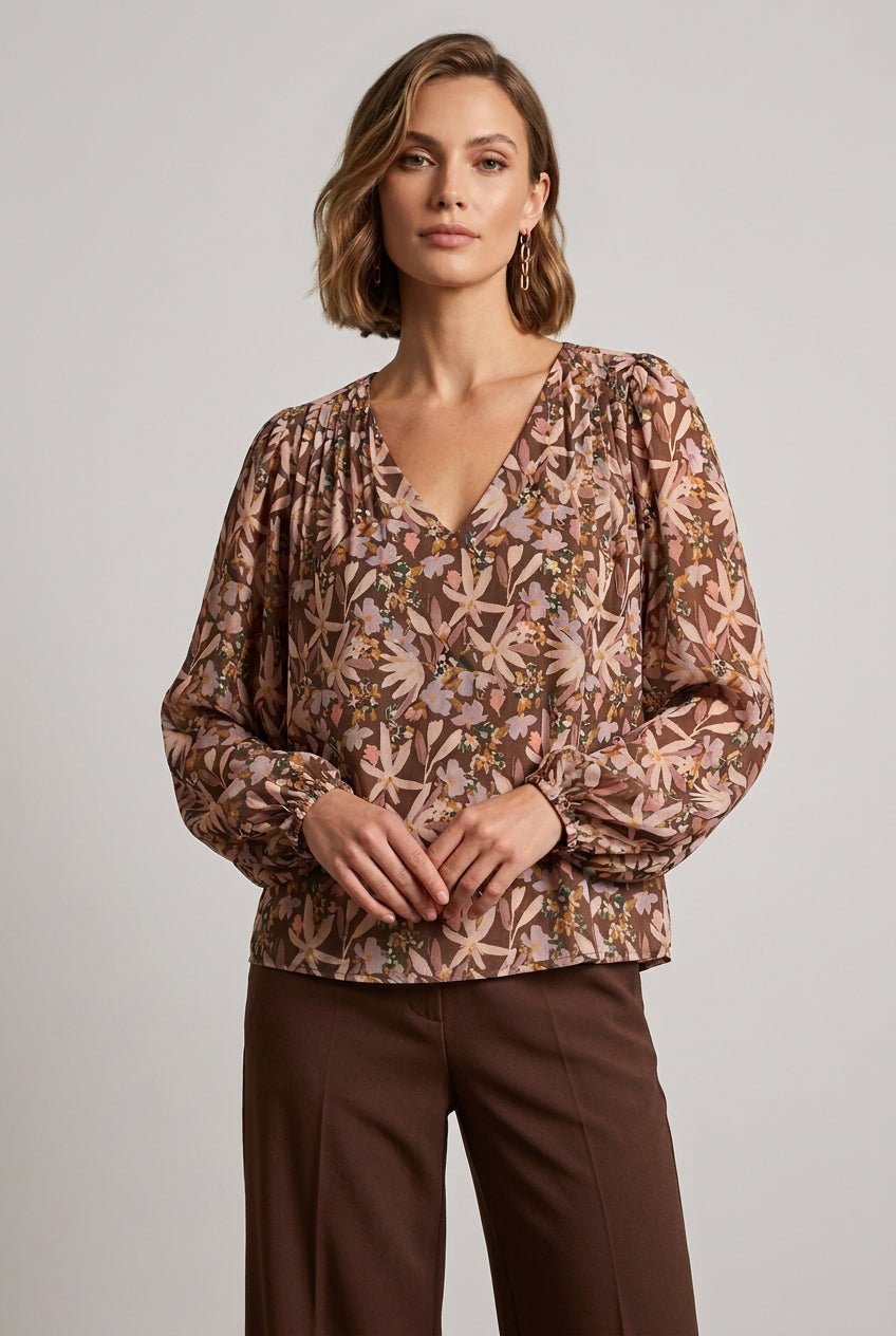 Agatha Floral Pin Tuck Blouse-Brown Taupe Flowy
