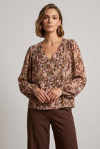 Agatha Floral Pin Tuck Blouse-Brown Taupe Flowy