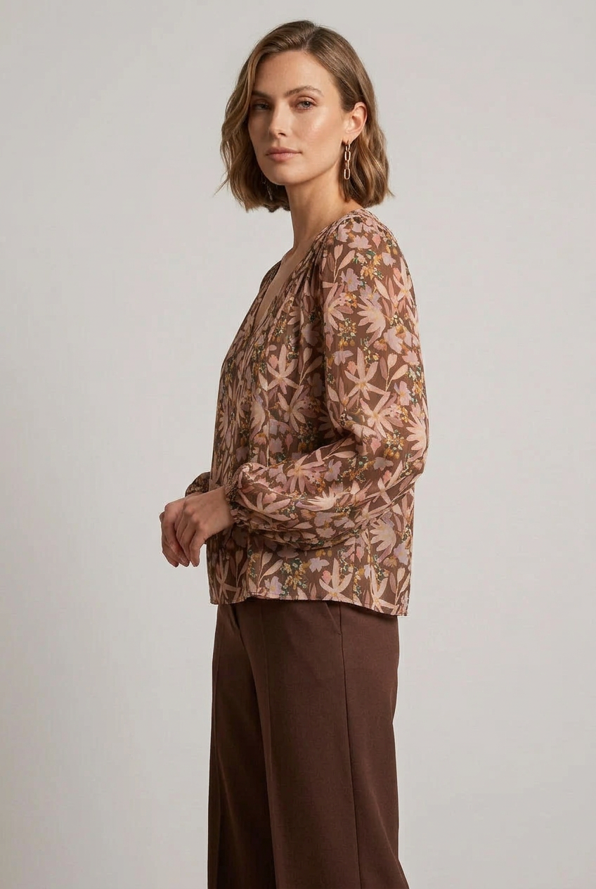 Agatha Floral Pin Tuck Blouse-Brown Taupe Flowy