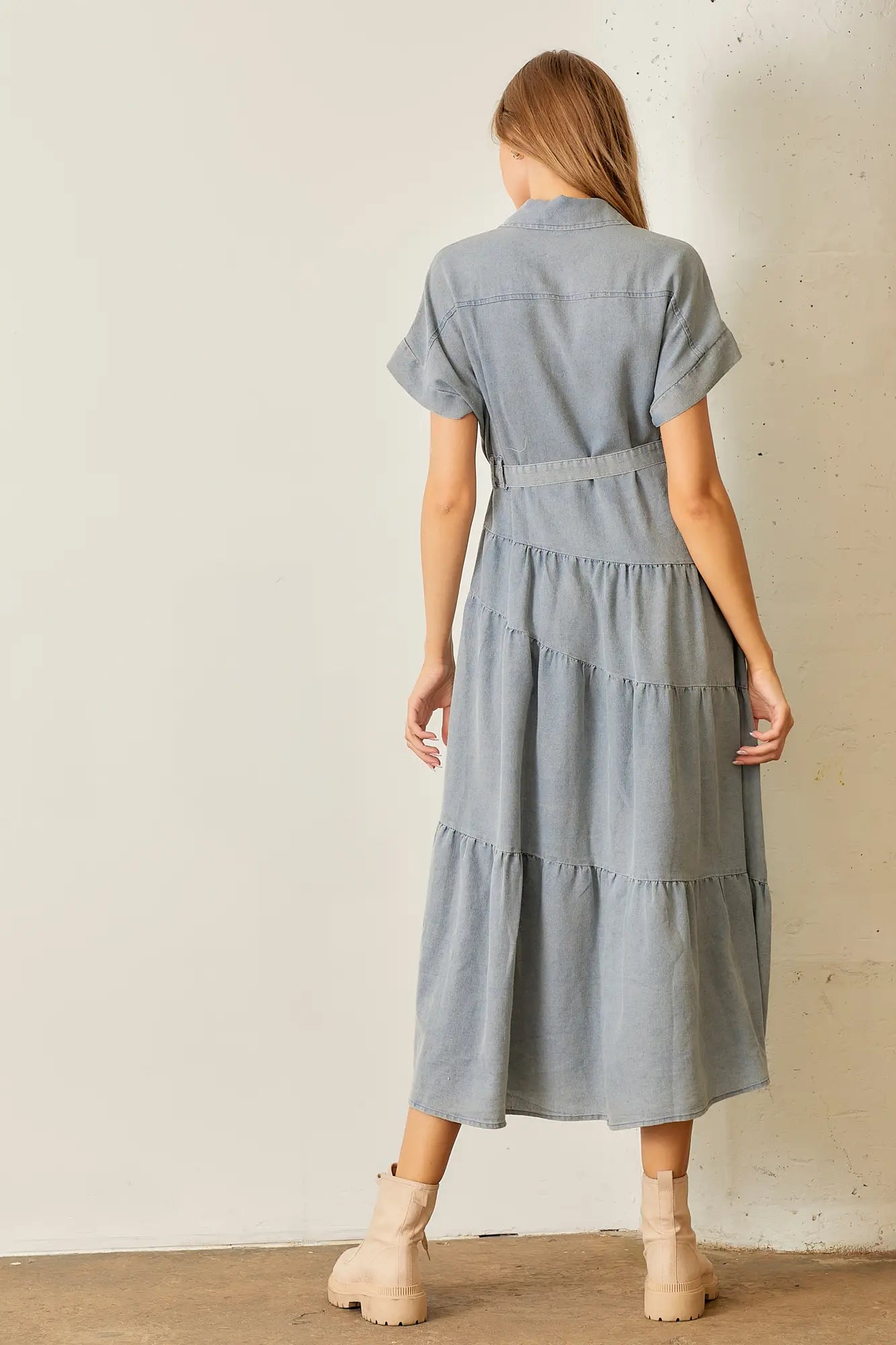 Amber Tiered Denim Midi Dress-Medium Blue