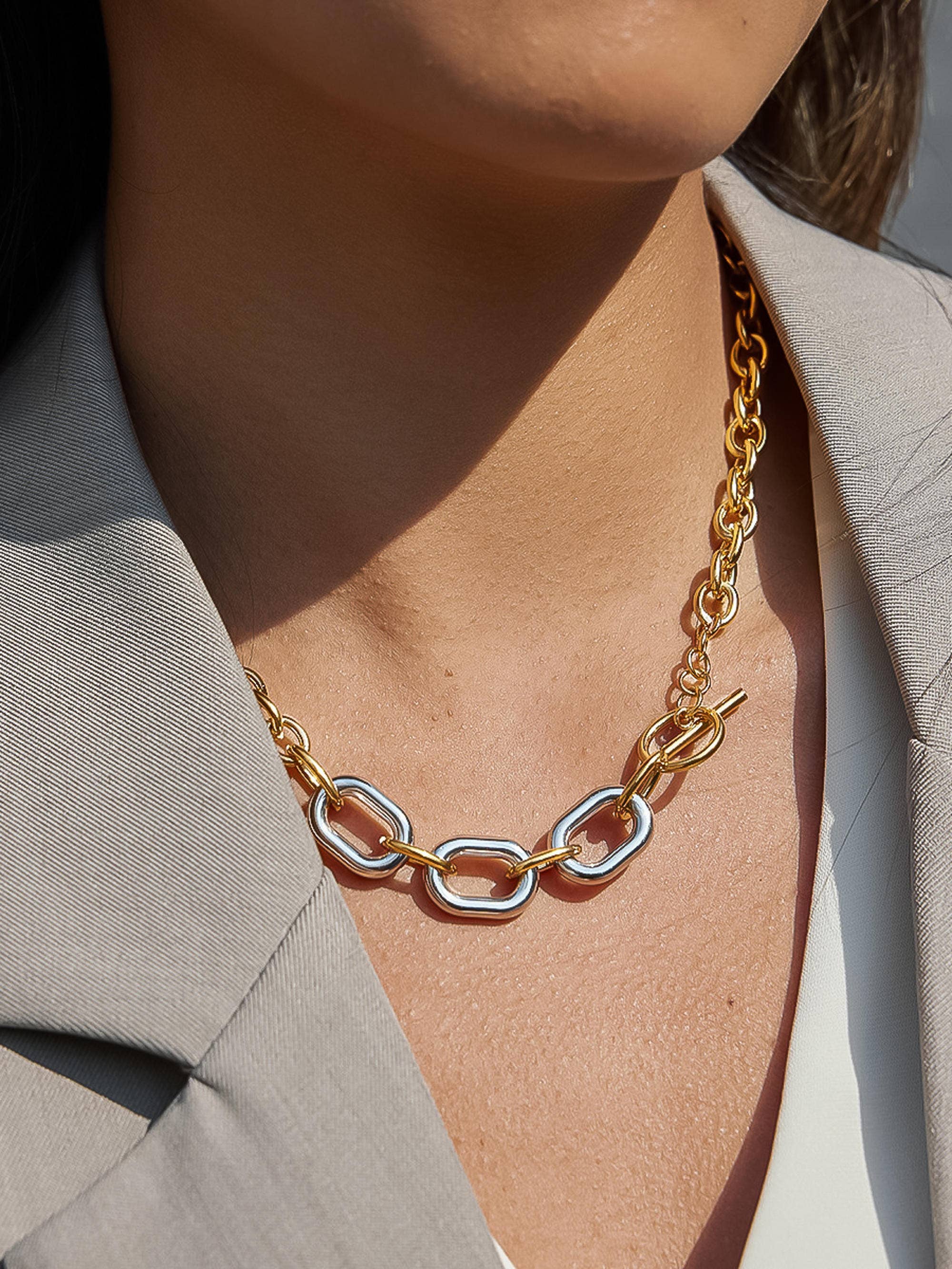 Lurette Non-Tarnish Two Tone Chain Necklace-18K Gold Silver Plated