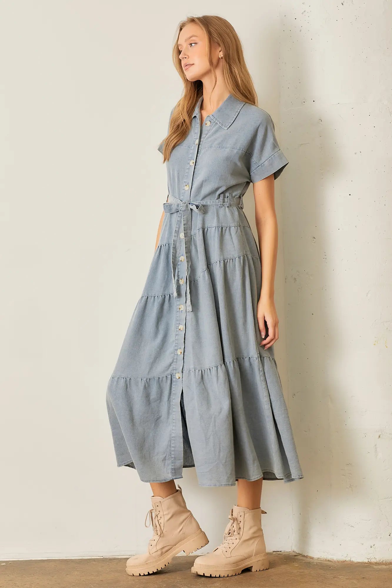 Amber Tiered Denim Midi Dress-Medium Blue