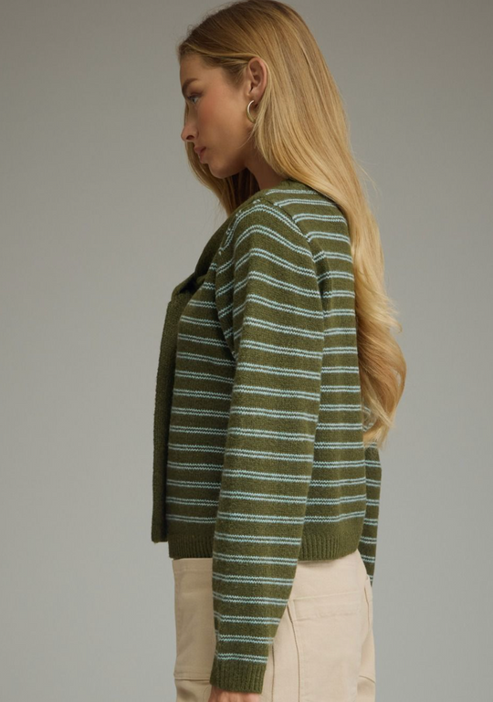 Janna Draped Shoulder Striped Sweater-Olive Blue Knit