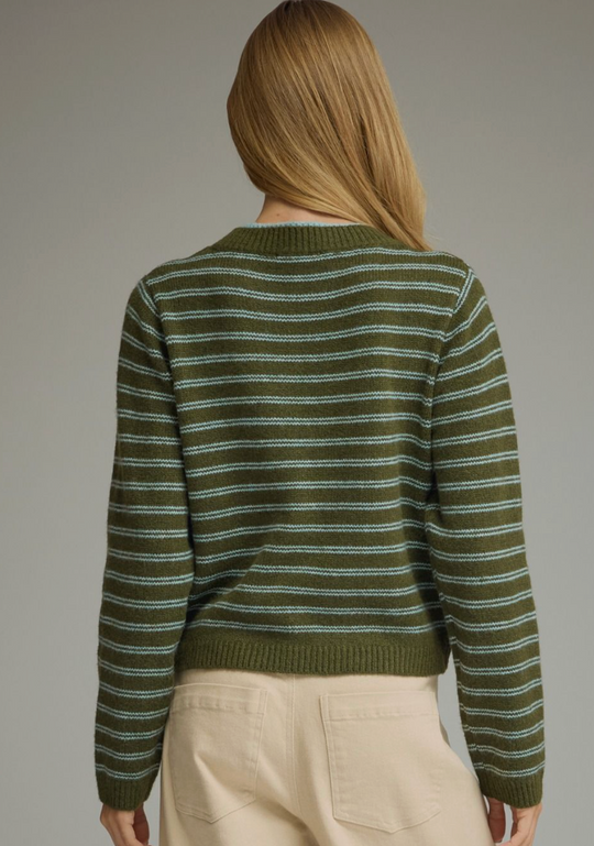 Janna Draped Shoulder Striped Sweater-Olive Blue Knit