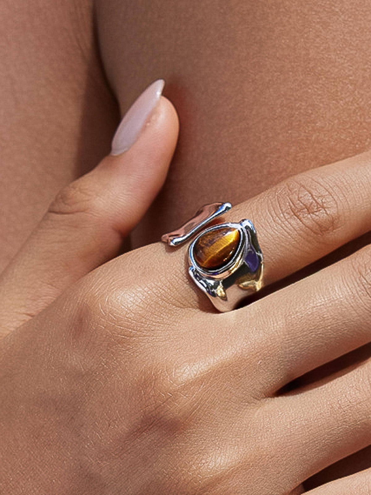Jaspe Non-Tarnish Tiger Eye Statement Ring-18K Silver Plated