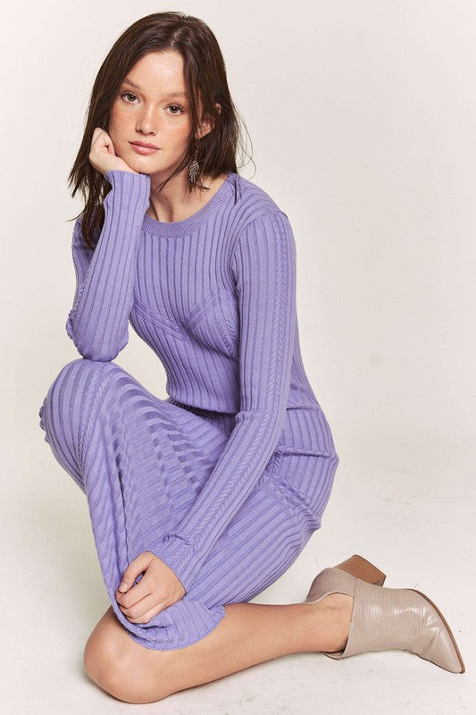 Cable Knit Long Sleeve Dress-Purple