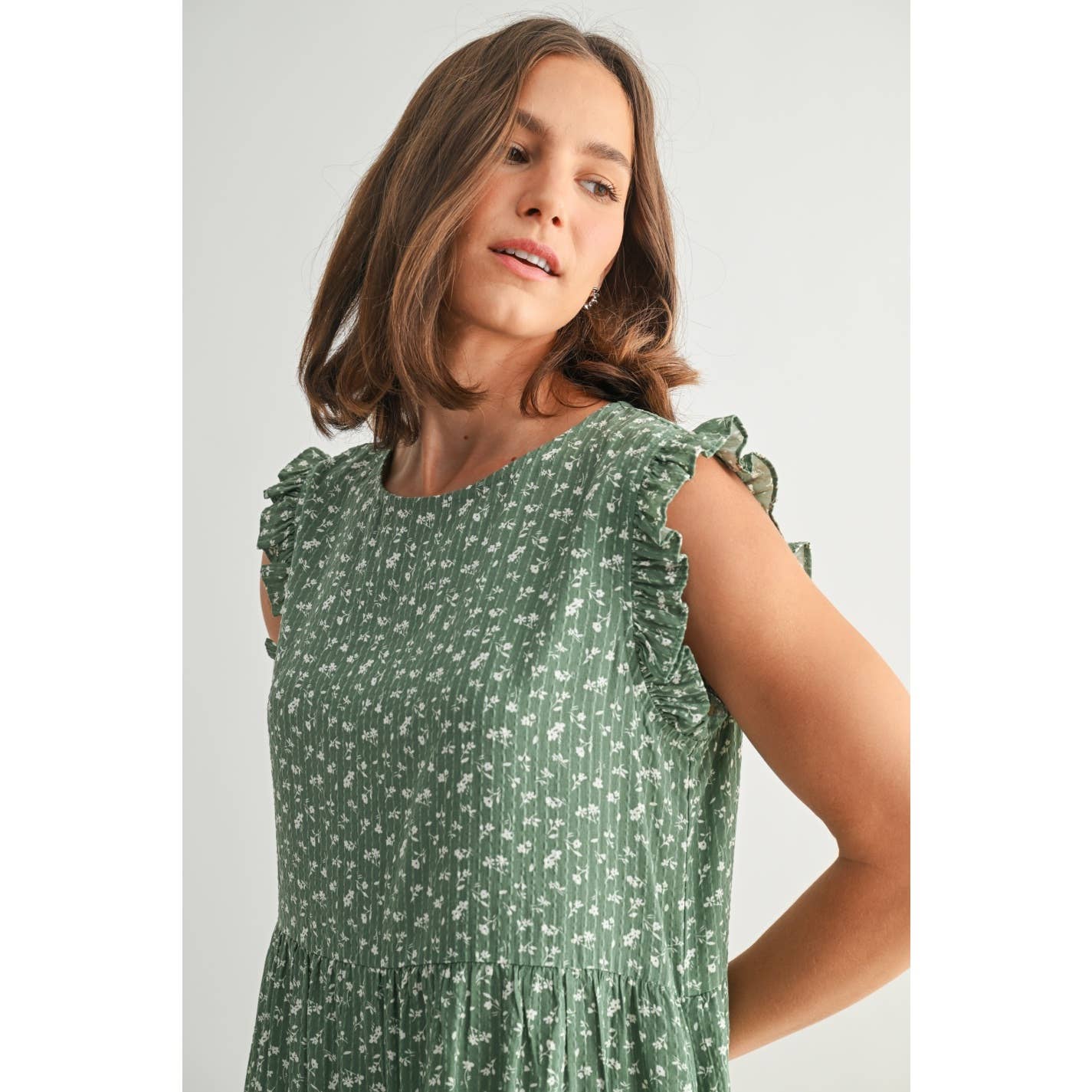 Tracie Floral Ruffle Sleeve Tiered Dress-Green Cream