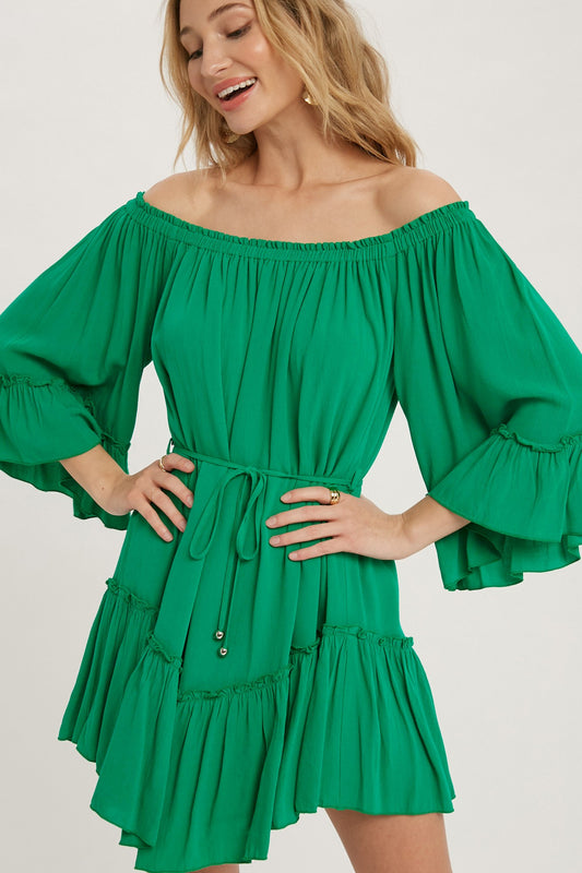 Ruffled Boho Mini Dress-Emerald