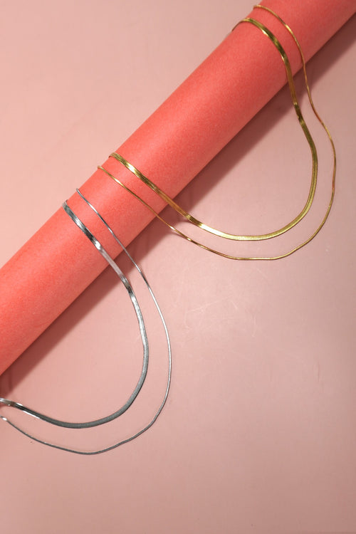 Adele 18K Non-Tarnish Multi Layer Herringbone Chain Necklace-Gold